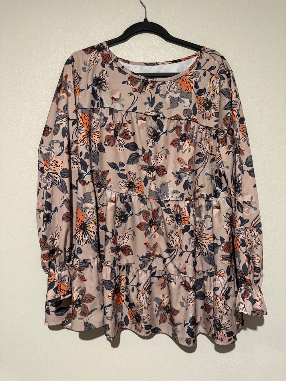 SHEIN Blush Pink Floral Tiered Tunic with Navy and Orange Accents